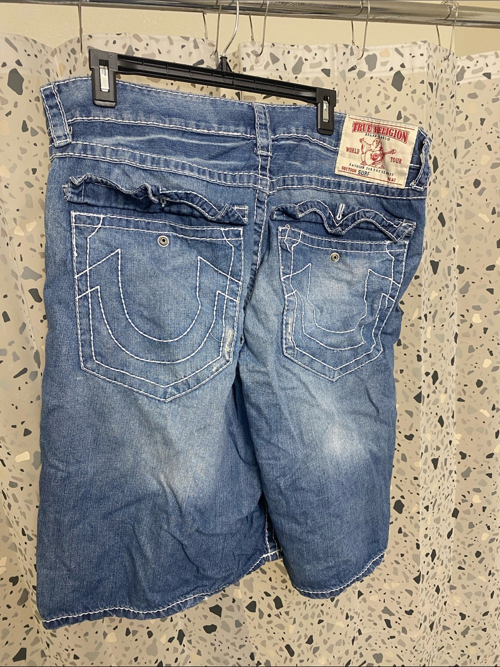 True Religion Light Blue Distressed Denim Shorts